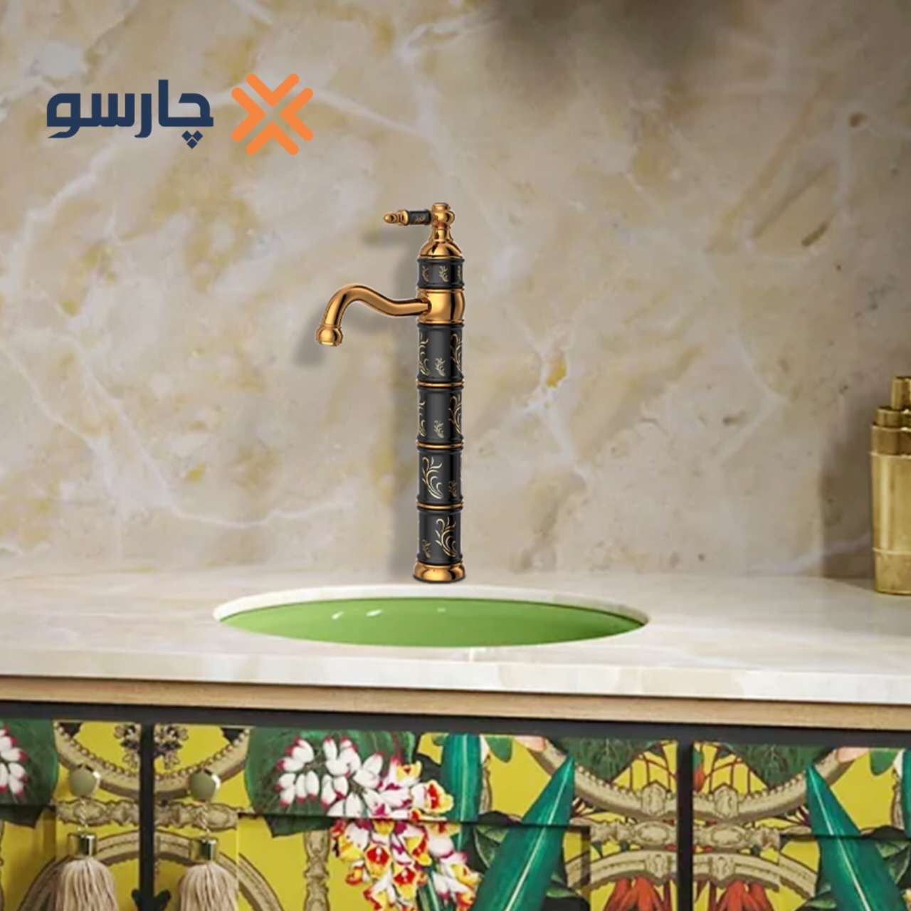 شیر روشویی پایه بلند کسری مدل توکیو مشکی طلایی